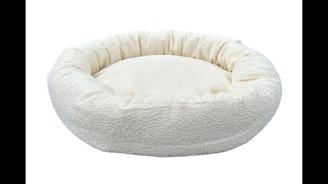 Cream round Boucle dog bed, 90cm, plush and cozy for large pets, easy to clean with removable cover.