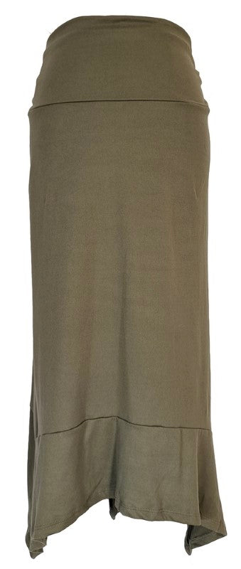 Bias cut olive stretch waist skirt featuring a comfortable fit, elegant flow, and versatile styling options.