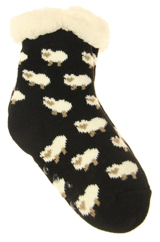 Cozy kids' medium fleece socks with cute sheep design, made of 100% polyester, perfect for warmth and comfort.
