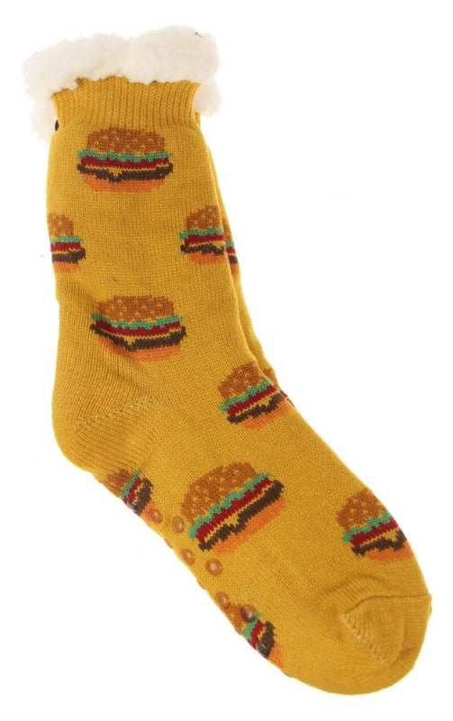 Cozy Burger Fleece Socks Set of 2, featuring fun burger design, 100% polyester, perfect for lounging and gifting.