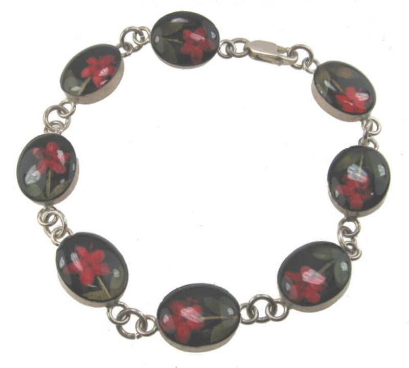Sterling Silver Bracelet - Red Flower with Black