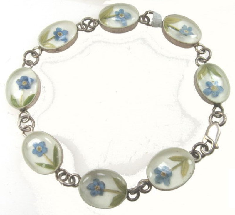 Sterling Silver Bracelet - Oval Blue Flower with White