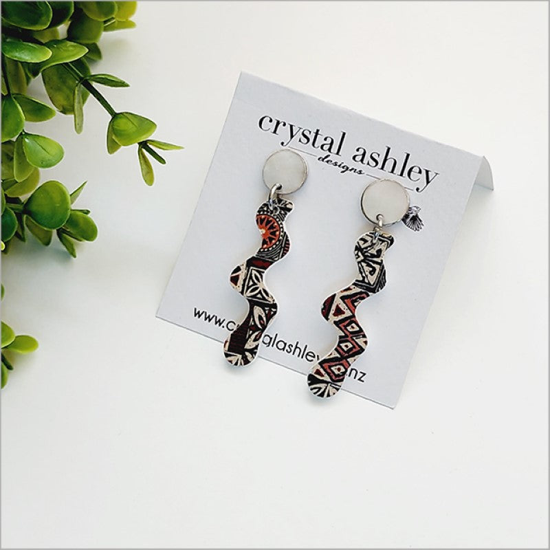 Lightweight drop dangle earrings made from Paua shell and acrylic, showcasing unique Kiwiana designs in a gift box.