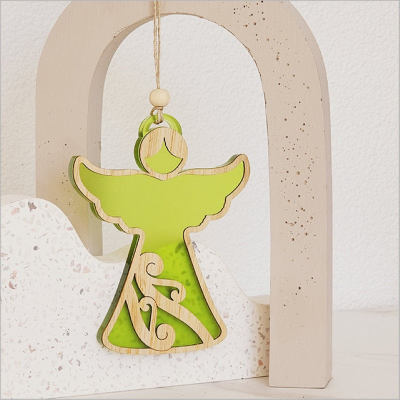 Lime satin acrylic angel ornament, laser-cut designs, perfect for Christmas tree decoration, comes ready to hang.