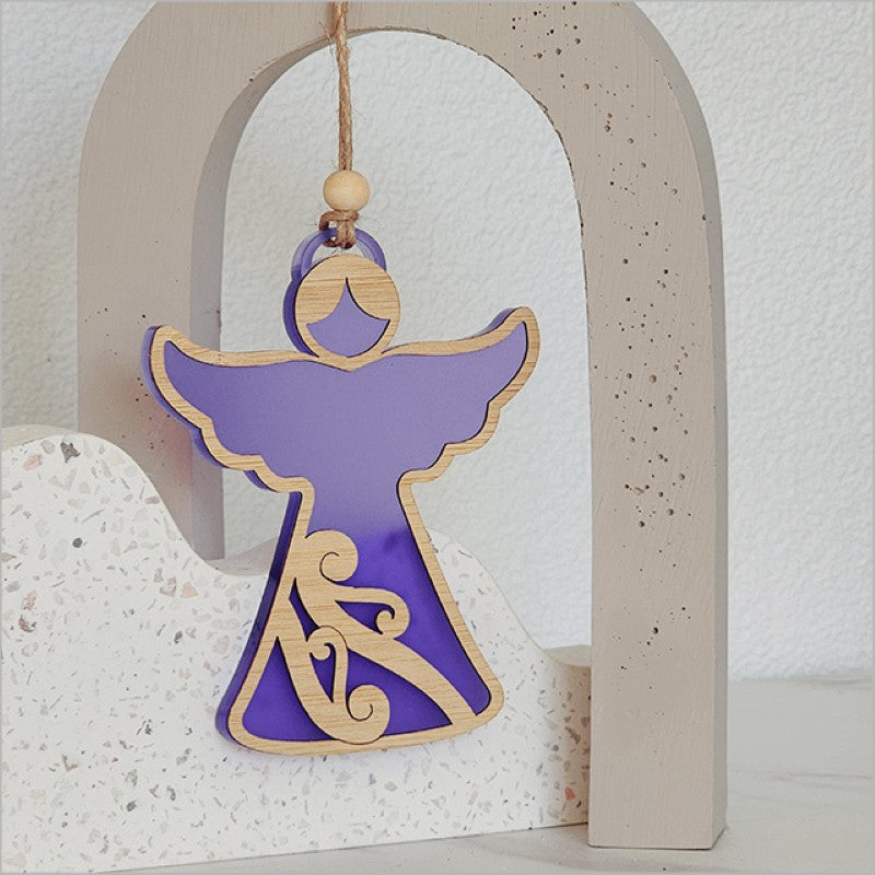 Purple satin acrylic angel ornament, laser-cut bamboo, 87mm x 105mm, perfect for home decor or gifting on any occasion.