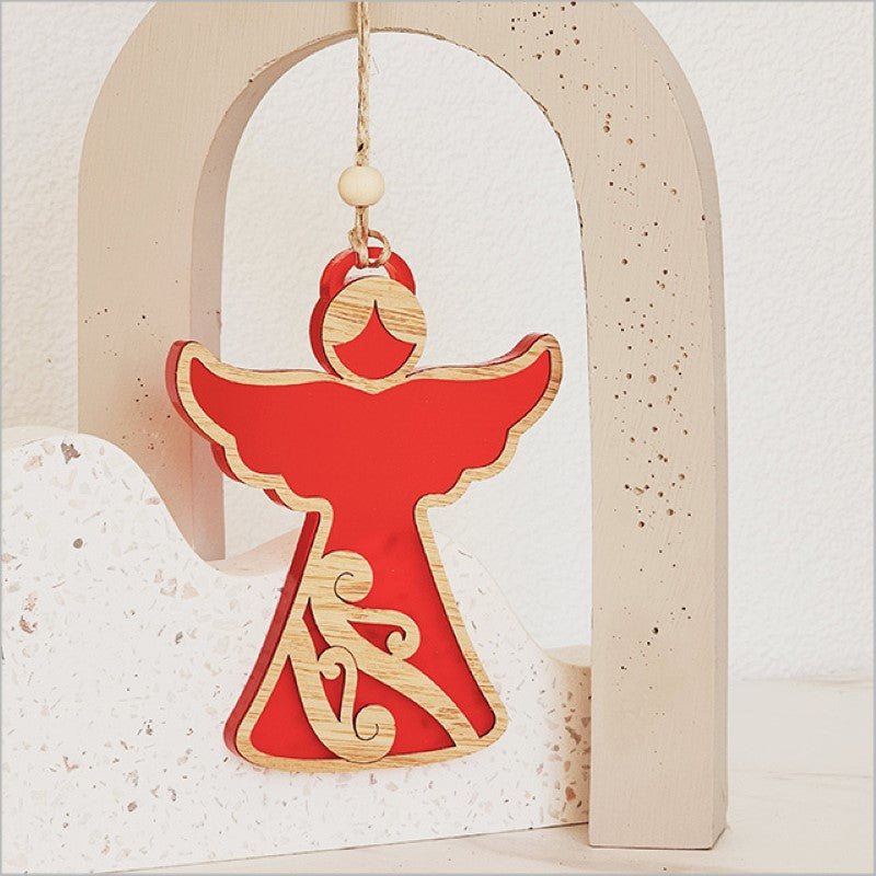 Red satin acrylic angel ornament with intricate laser cut details, perfect for elegant holiday decor and gift-giving.