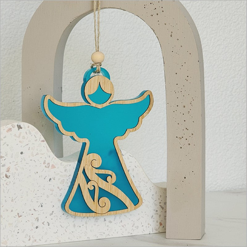 Elegant teal satin acrylic angel ornament, 87mm x 105mm, perfect for holiday decor or year-round display.