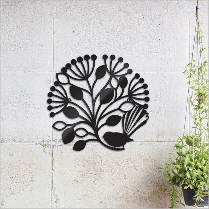 Fantail bird framed by Pohutukawa tree, stylish black wall art in small size, perfect for indoor or outdoor decor.