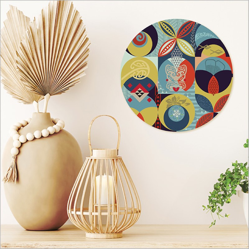 Large printed canvas circle featuring Pacific-inspired Kiwiana design, measuring 250mm, ready to hang with keyhole notch.
