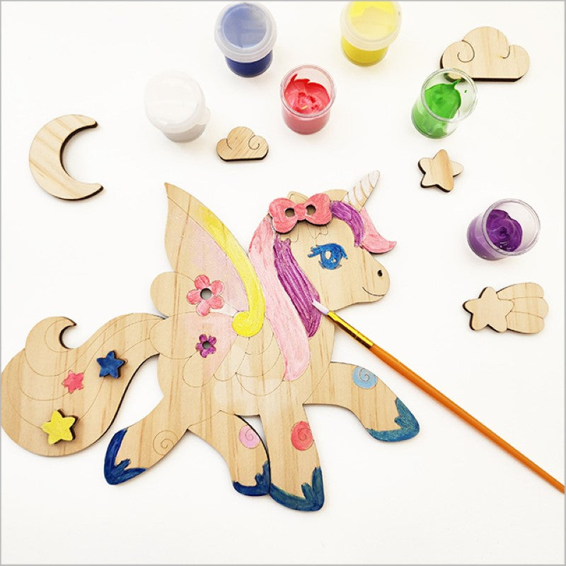 Colorful Pine DIY Paint Kit featuring a laser-cut unicorn for children, promoting creativity and fine motor skills.