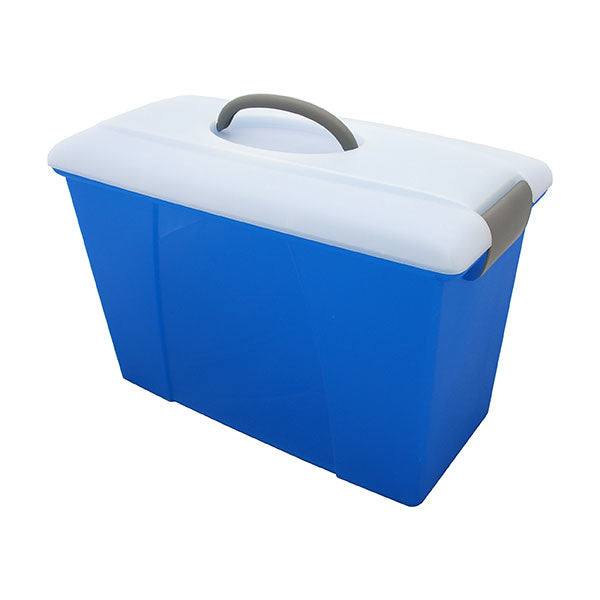 Acco Carry Case in blue and clear, designed for foolscap files with internal rails and protective, transparent design.