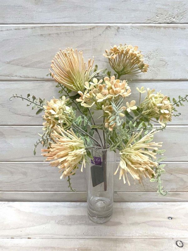 Vibrant yellow artificial protea flower bush, perfect for elegant home decor and hassle-free floral arrangements.