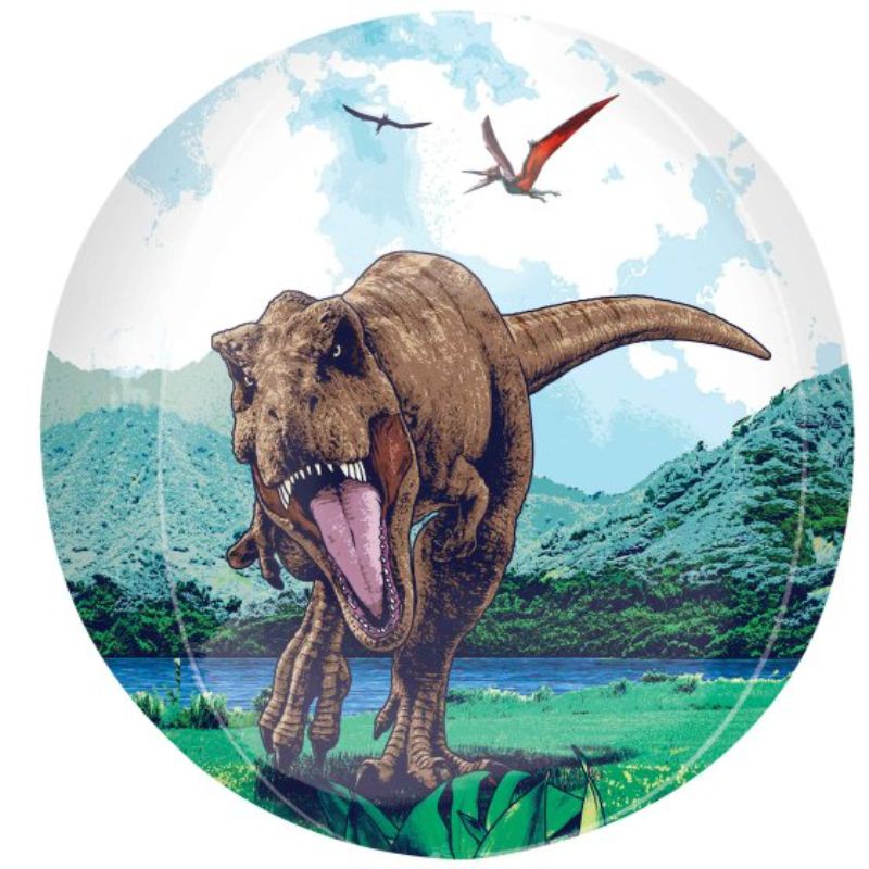 Orbz XL Jurassic World Dominion balloon, a vibrant 38cm x 40cm self-sealing foil decoration for dino-themed celebrations.