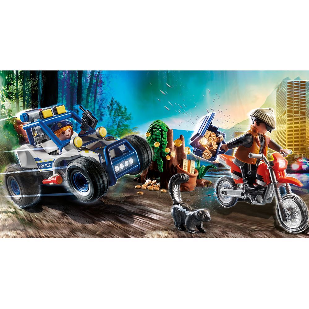 Playmobil Off-road Car with Jewel Thief playset featuring a police officer, jewel thief, motocross bike, and hollow tree.