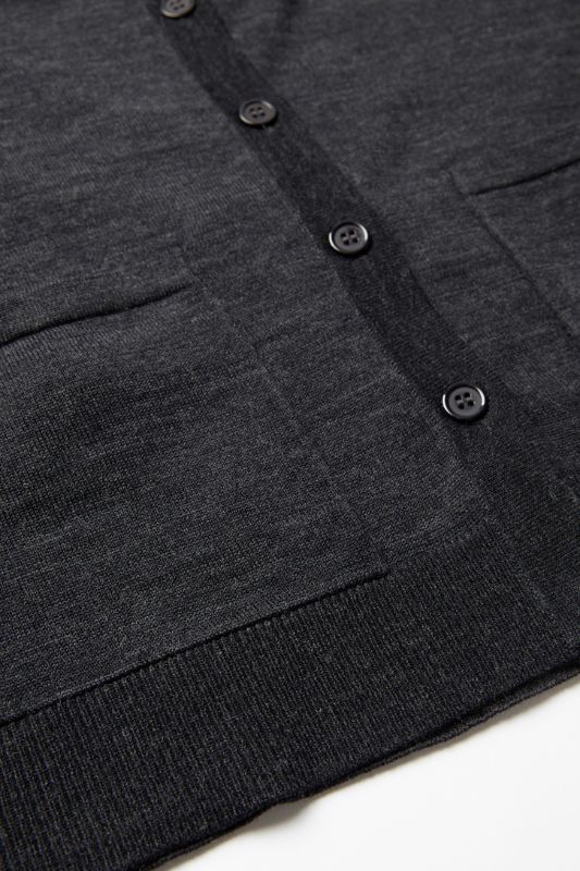 Women's 4XL button front cardigan in charcoal, featuring pockets, soft wool blend, and longer hem for comfort and versatility.