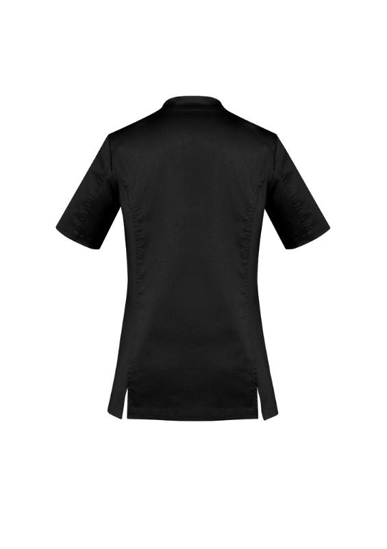 Black women's Riley V-neck scrub top in size small, featuring antibacterial stretch panels for comfort and breathability.
