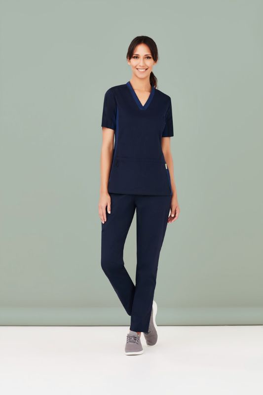 Women's Navy Riley V-Neck Scrub Top in XS, featuring breathable cotton-rich fabric and antibacterial stretch side panels for comfort.