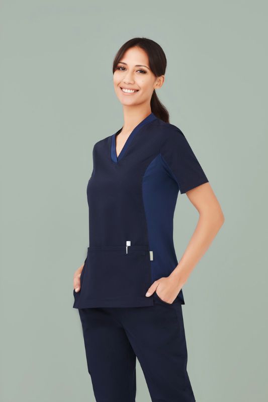 Women's Riley V-Neck Scrub Top in Navy (XXS) featuring soft cotton blend and antibacterial stretch side panels for comfort.