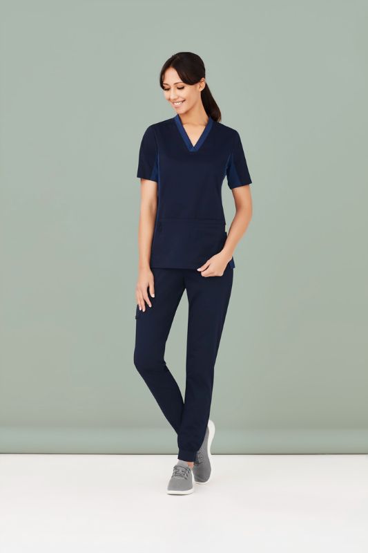 Navy women's V-neck scrub top in size 3XL, featuring antibacterial stretch panels for comfort and breathability.