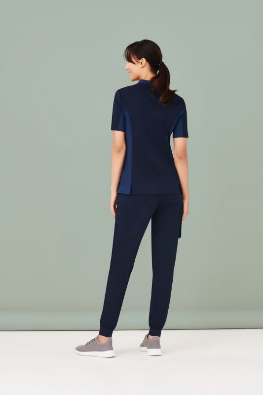 Women's Navy V-Neck Scrub Top in size 2XL, featuring breathable fabric and antibacterial stretch side panels for comfort.