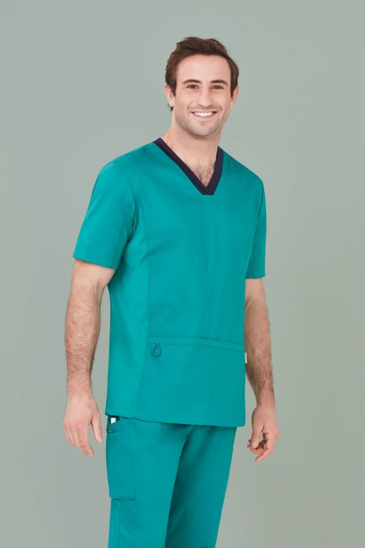 Men's teal V-neck scrub top with antibacterial stretch panels for comfort and style, crafted from breathable cotton-rich fabric.