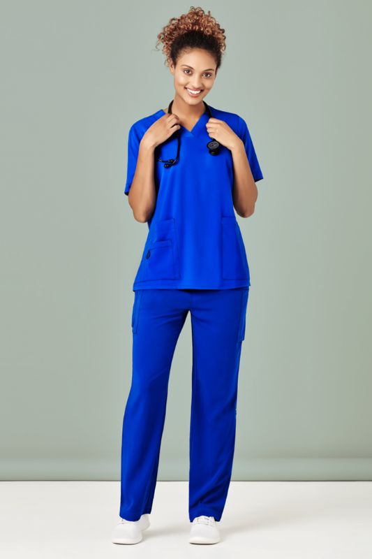 Women's Electric Blue V-Neck Scrub Top in Size S, featuring pockets and a wicking finish for comfort in healthcare settings.