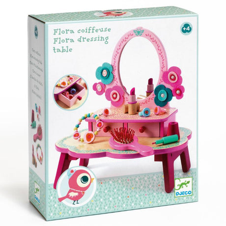 Wooden Flora Dressing Table by Djeco with large mirror, two storage drawers, and vibrant colors for imaginative beauty play.