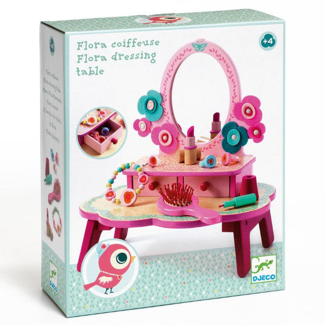 Wooden Flora Dressing Table by Djeco with large mirror, two storage drawers, and vibrant colors for imaginative beauty play.