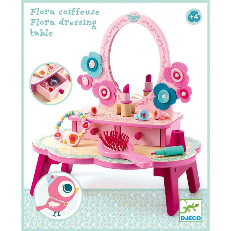 Wooden Flora dressing table by Djeco with a large mirror, two drawers, and vibrant colors for imaginative play and creativity.