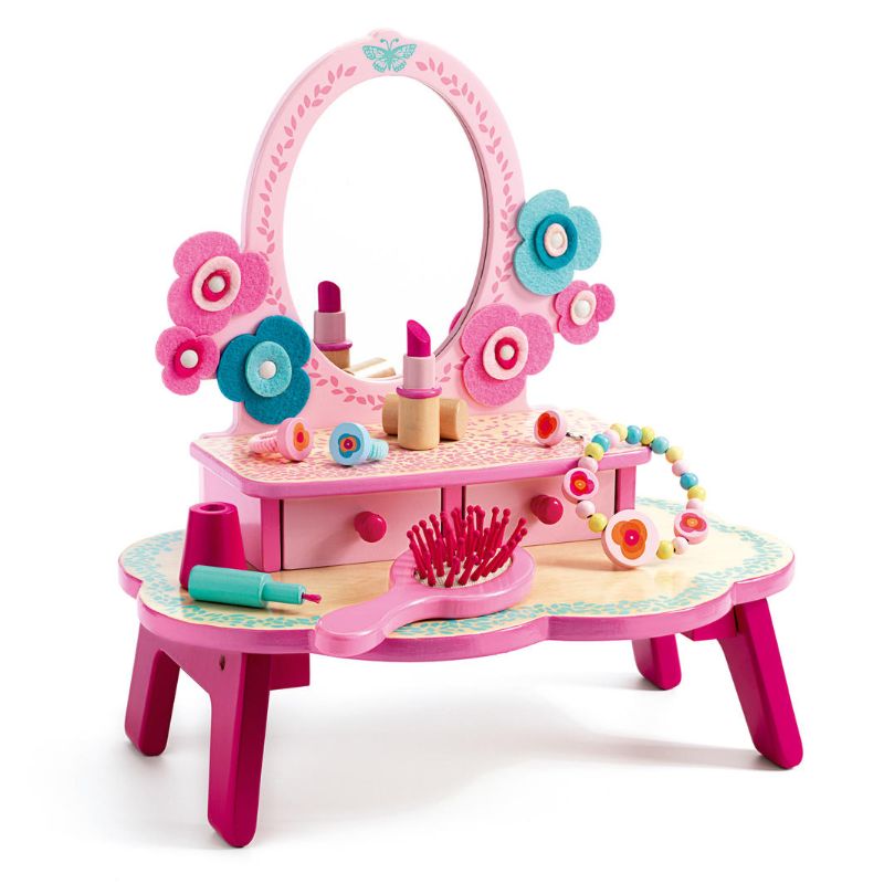 Wooden Flora Dressing Table by Djeco with a large mirror, two storage drawers, and vibrant colors for imaginative play.