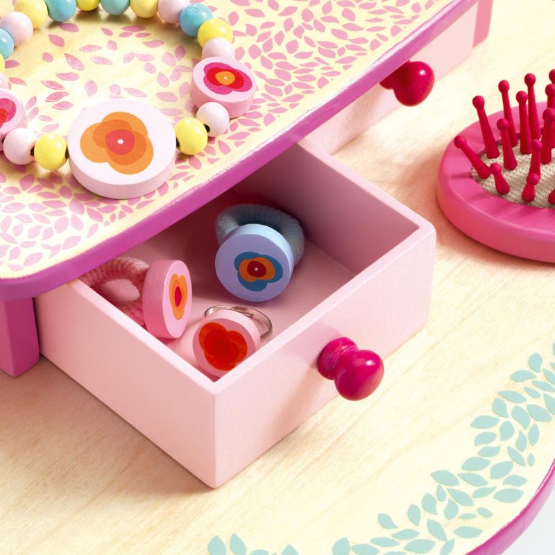 Wooden Flora Dressing Table by Djeco featuring a large mirror, vibrant colors, and two storage drawers for imaginative play.