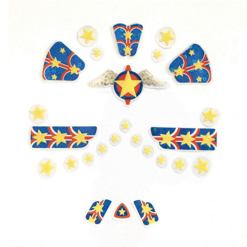 Colorful Djeco superhero sticker activity book set of 4, featuring vibrant illustrations and reusable stickers for creative play.