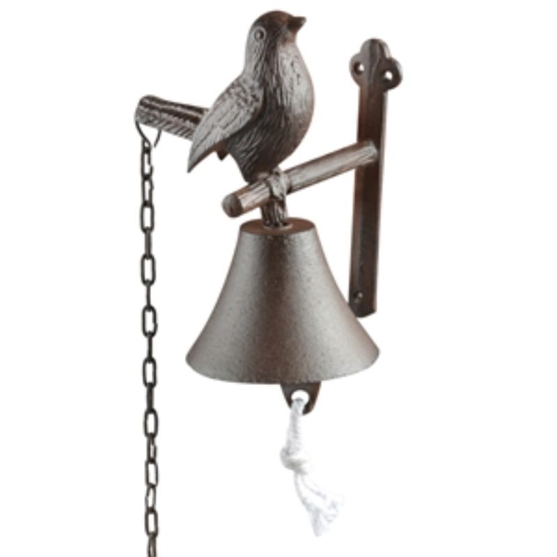 Cast iron bird chain doorbell combining rustic charm with functionality, featuring a unique bird design and satisfying pull chain.
