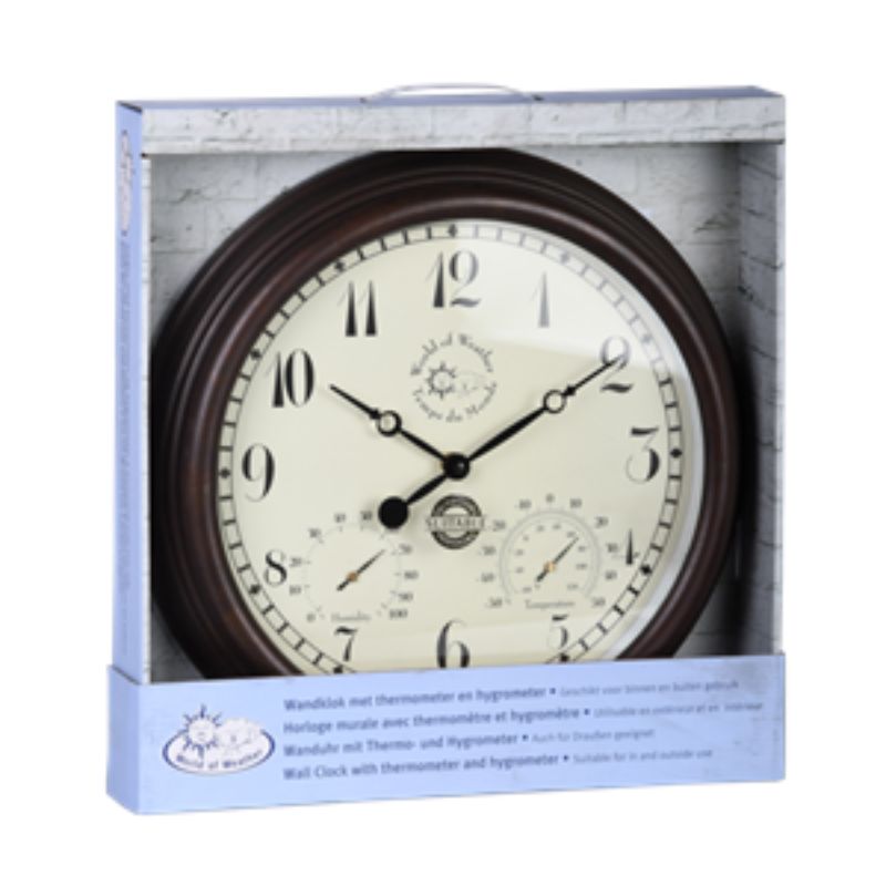 Vintage Eastgate Clock featuring a thermometer and hygrometer, perfect for outdoor decor with vintage charm.