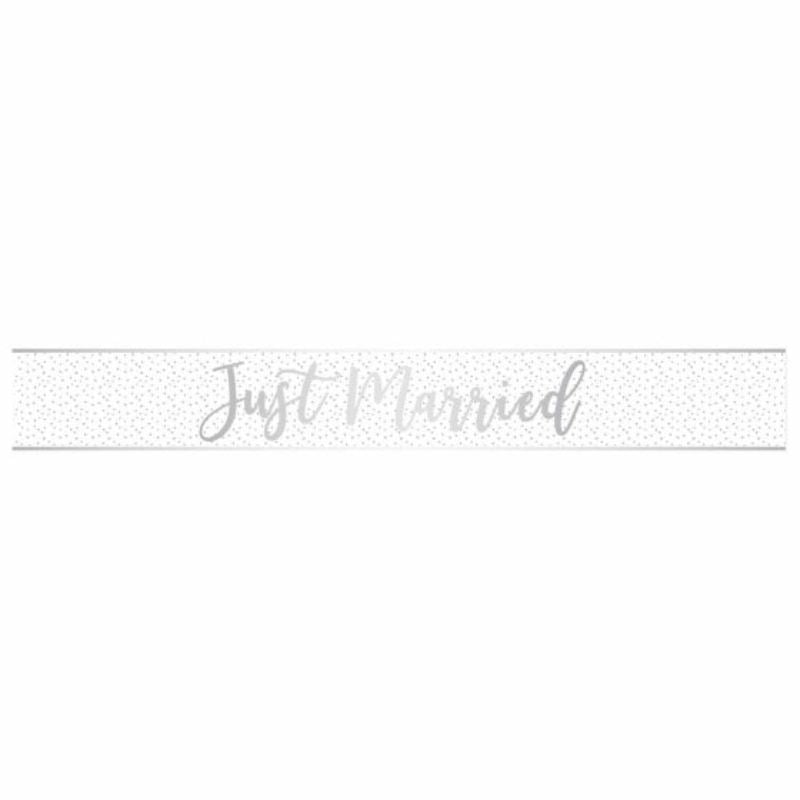 Just Married Silver Foil Banner, 2.7m long, elegant decoration for weddings and events, versatile and eye-catching.