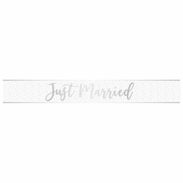 Just Married Silver Foil Banner, 2.7m long, elegant decoration for weddings and events, versatile and eye-catching.