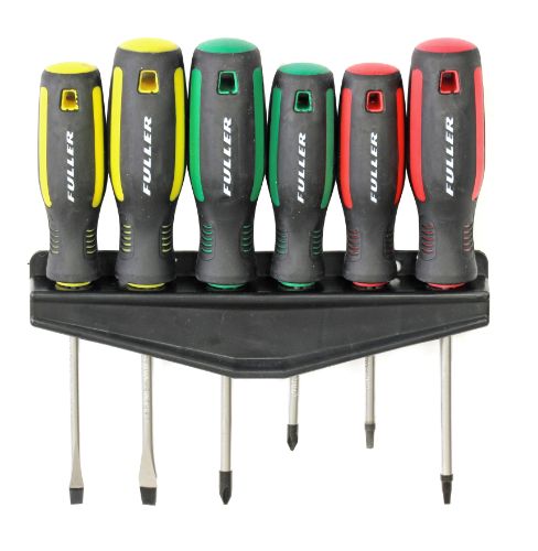 FULLER PRO SCREWDRIVER SET 6 PC, featuring ergonomic soft grip handles, color-coded tips, and durable CRV steel construction.