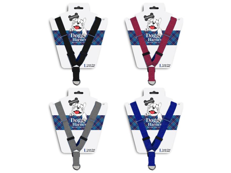 Assorted dog harnesses in Max Treats patterns, suitable for pets with a chest girth of 51-66cm, safe and stylish for walks.