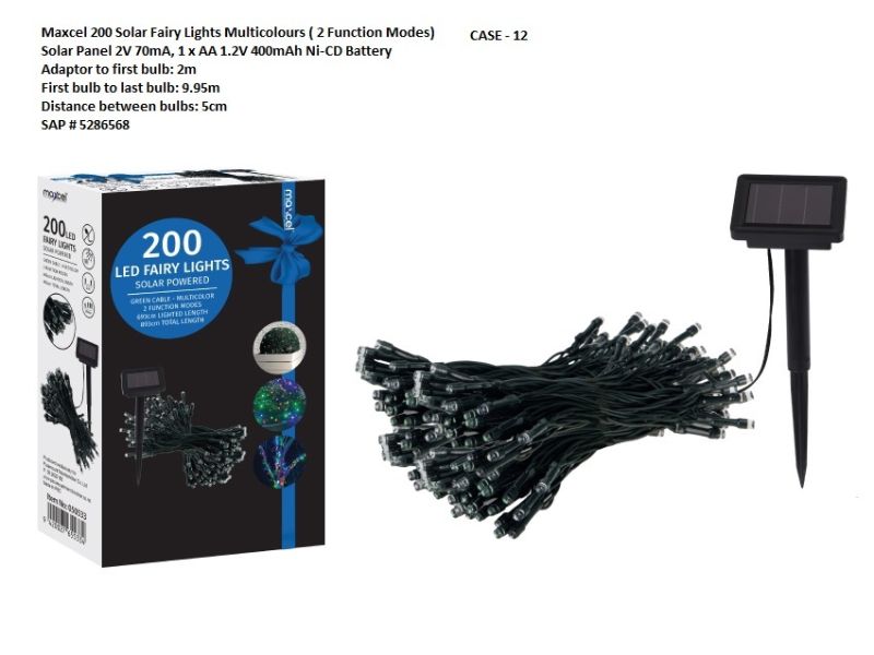 Colorful Maxcel 200 Solar Fairy Lights set of 12, eco-friendly LED bulbs for outdoor decor, featuring steady and flashing modes.