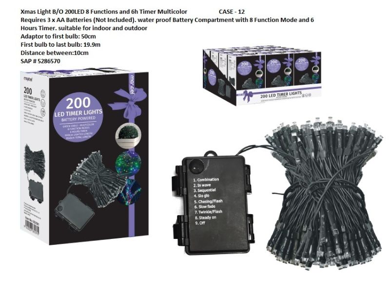 Multicolor 200LED Xmas lights set of 12 with 8 functions, 19.9m length, and IP44 battery compartment for festive decor.