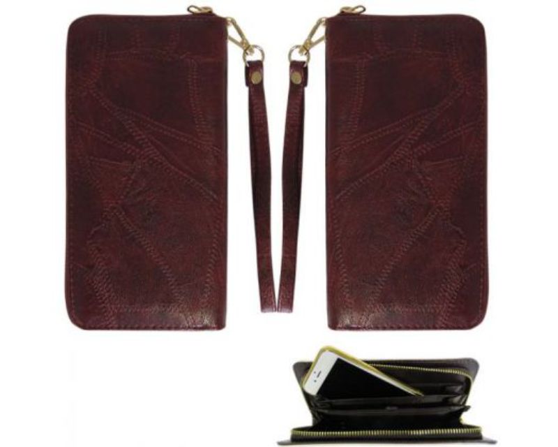 Stylish red RFID-blocking wallet with soft PU cover, hand strap, and space for a smartphone, measuring 20.5 x 10.5 x 2.5 cm.