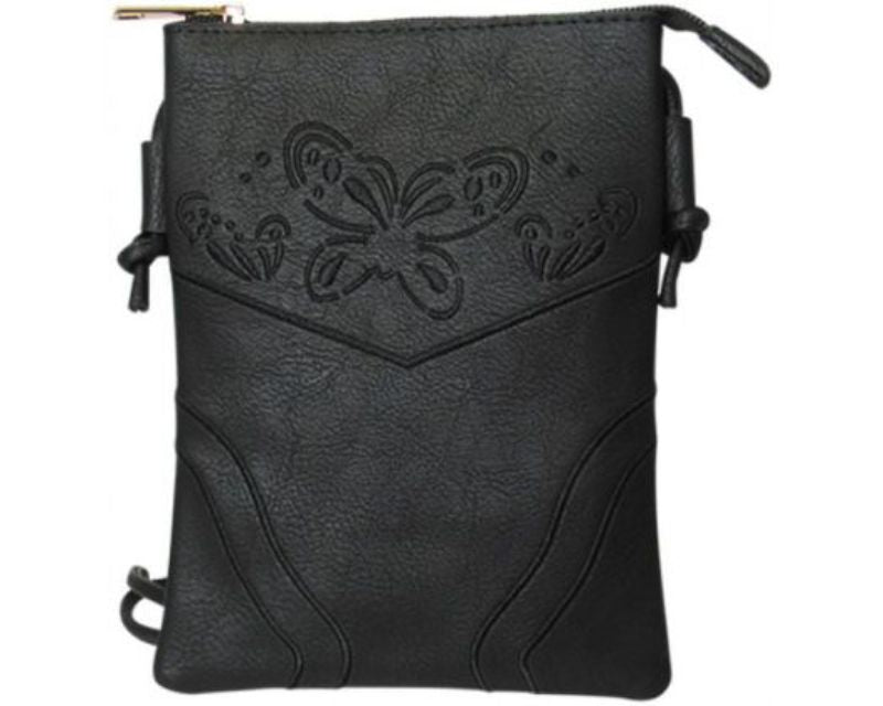 Chic black shoulder bag with butterfly design, zip top, back pocket, versatile for crossbody or shoulder wear.