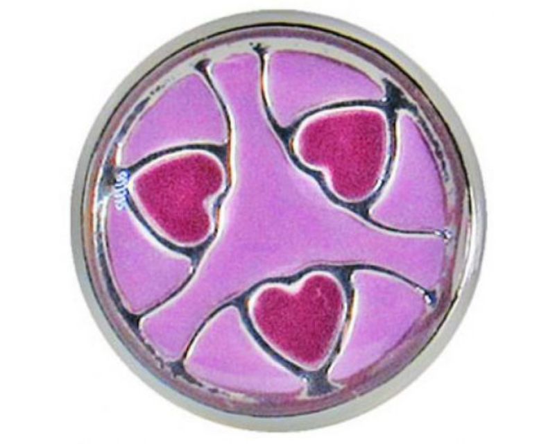 Colorful snap button featuring vibrant purple and pink hearts, perfect for customizing accessories and showcasing personal style.