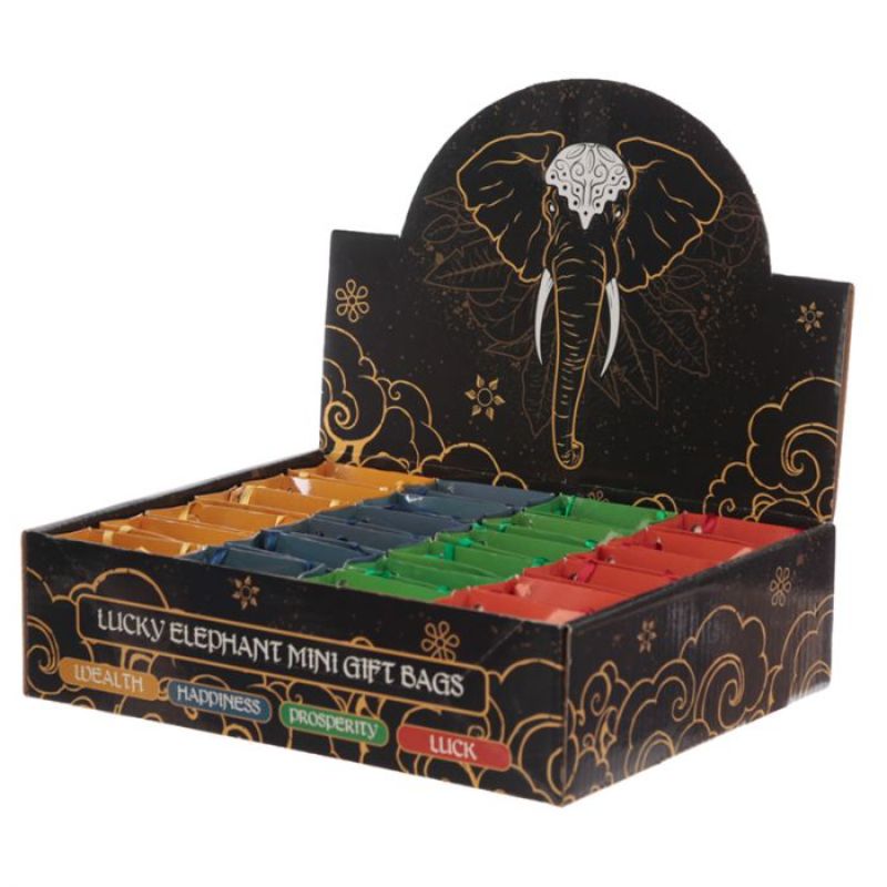 Set of 24 mini gift bags with metallic glitter featuring lucky elephants, perfect for party favors and celebrations.