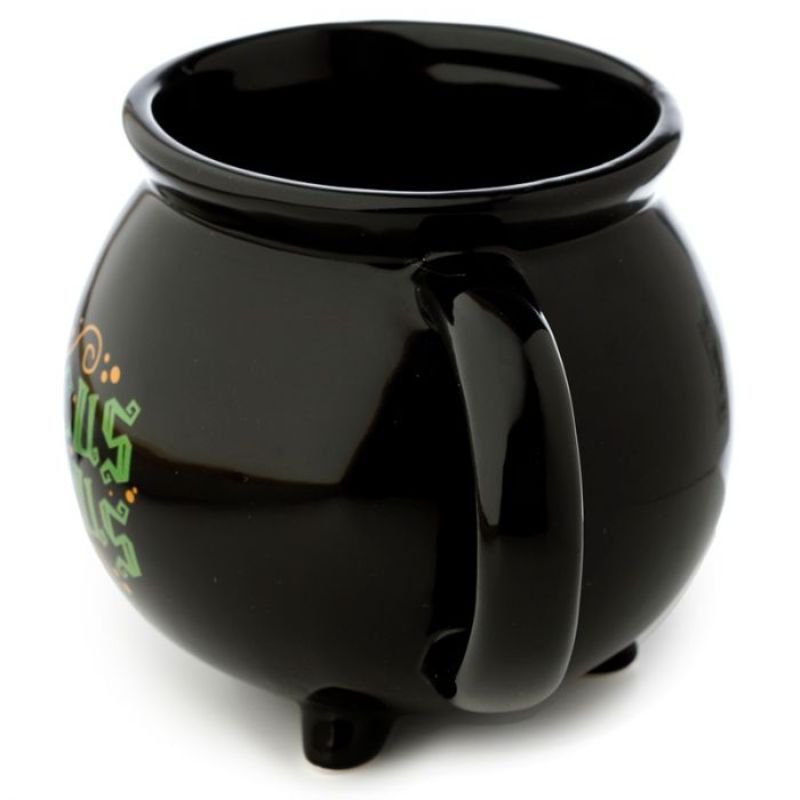 Ceramic black cauldron mug with intricate details, perfect for witches and Halloween enthusiasts, ideal for cozy beverages.