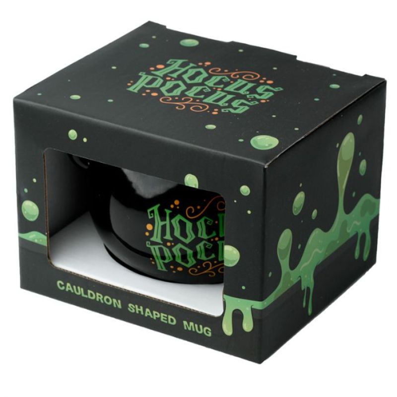 Ceramic black cauldron mug with intricate detailing, perfect for magical drinks and Halloween enthusiasts.