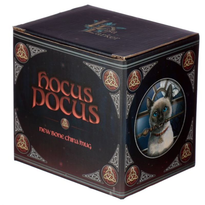 Porcelain mug featuring Lisa Parker's whimsical Hocus Pocus Cat, perfect for hot beverages and microwave safe.