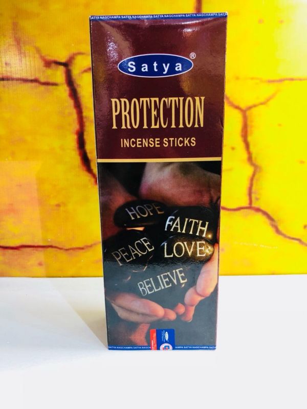 Calming Satya Hexa Protection incense box featuring 6 rolls of 20 sticks, perfect for meditation and enhancing tranquility.