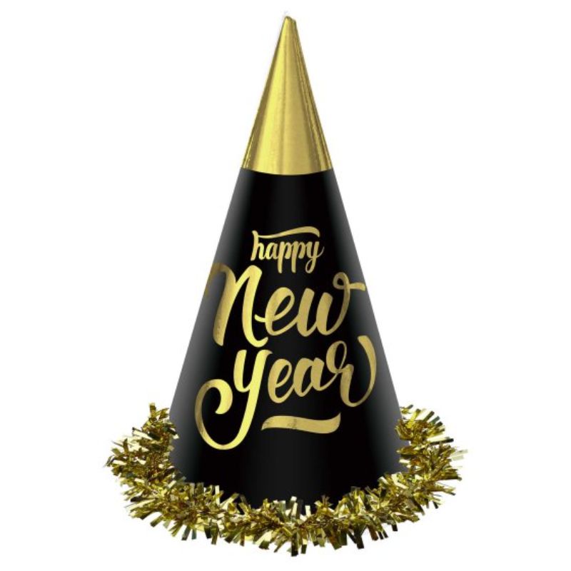 Happy New Year Black & Gold Foil Cone Hats 23cm - Pack of 24