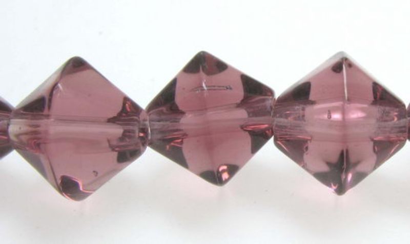 Set of 10 glass bicone beads, 10x10mm, featuring a faceted surface for a dazzling effect in jewelry-making projects.